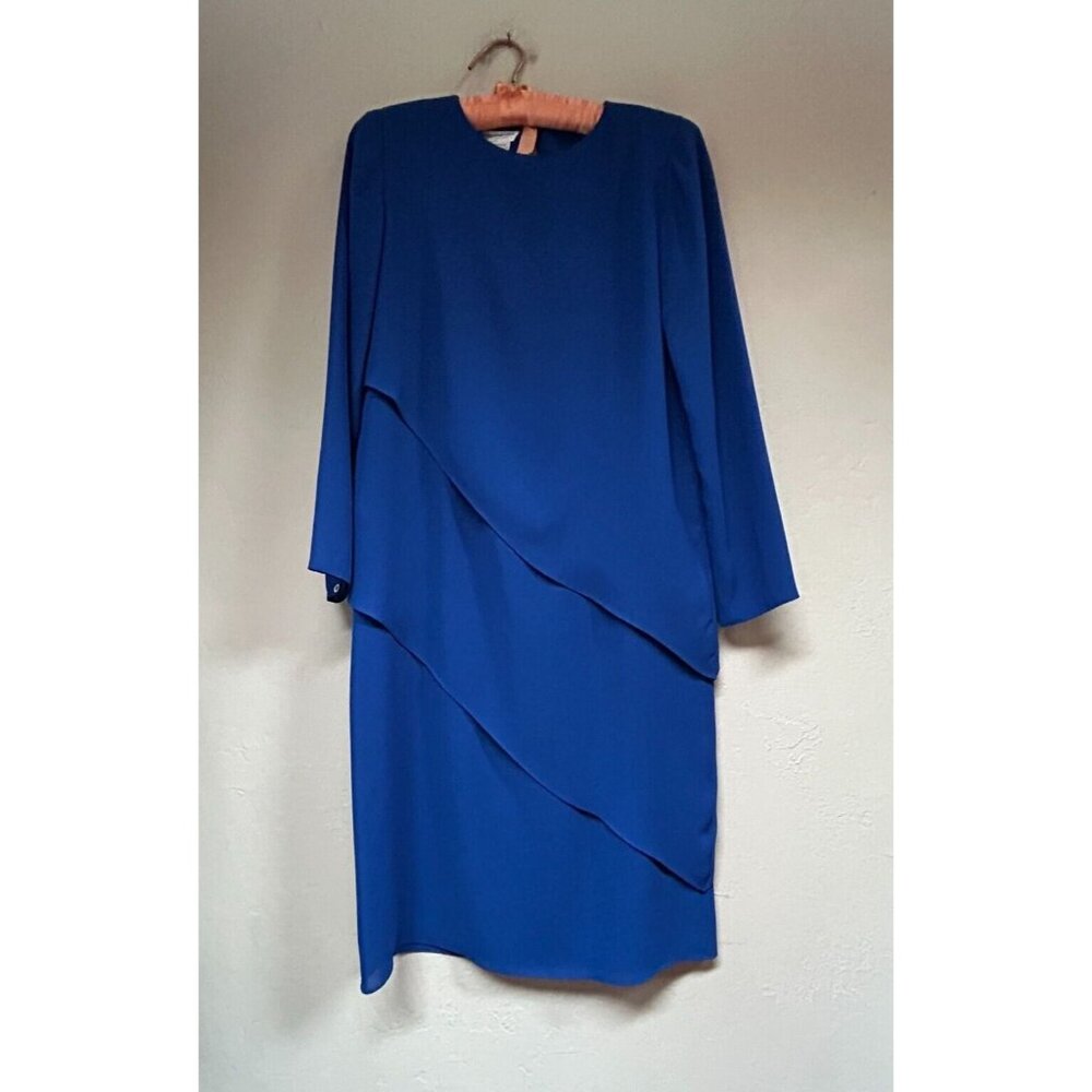 Vintage Pierre Cardin Womens Long Sleeve Layered Shift Dress Size 4P Blue Lined